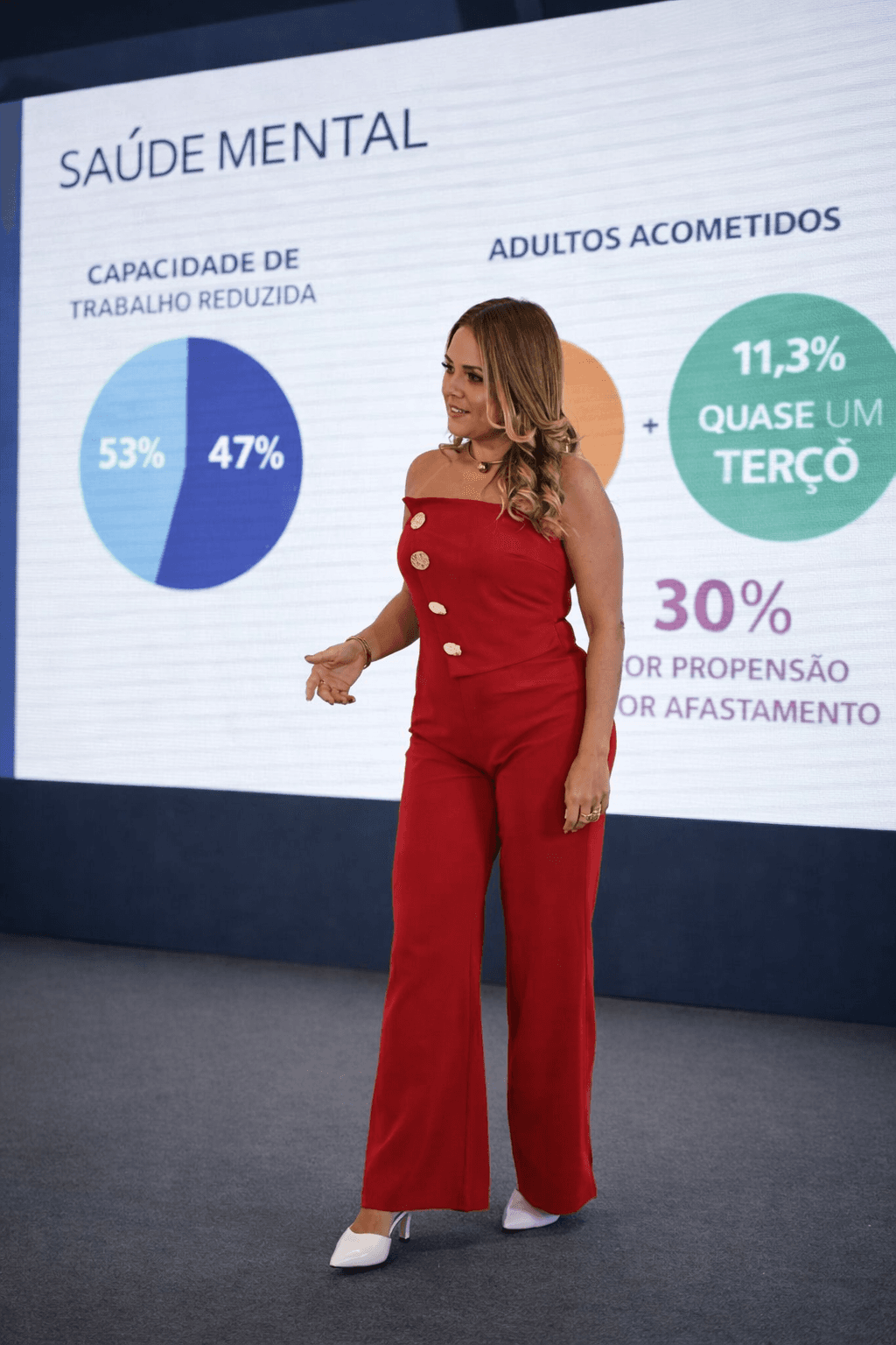 Clara Didier durante uma palestra sobre saude mental.